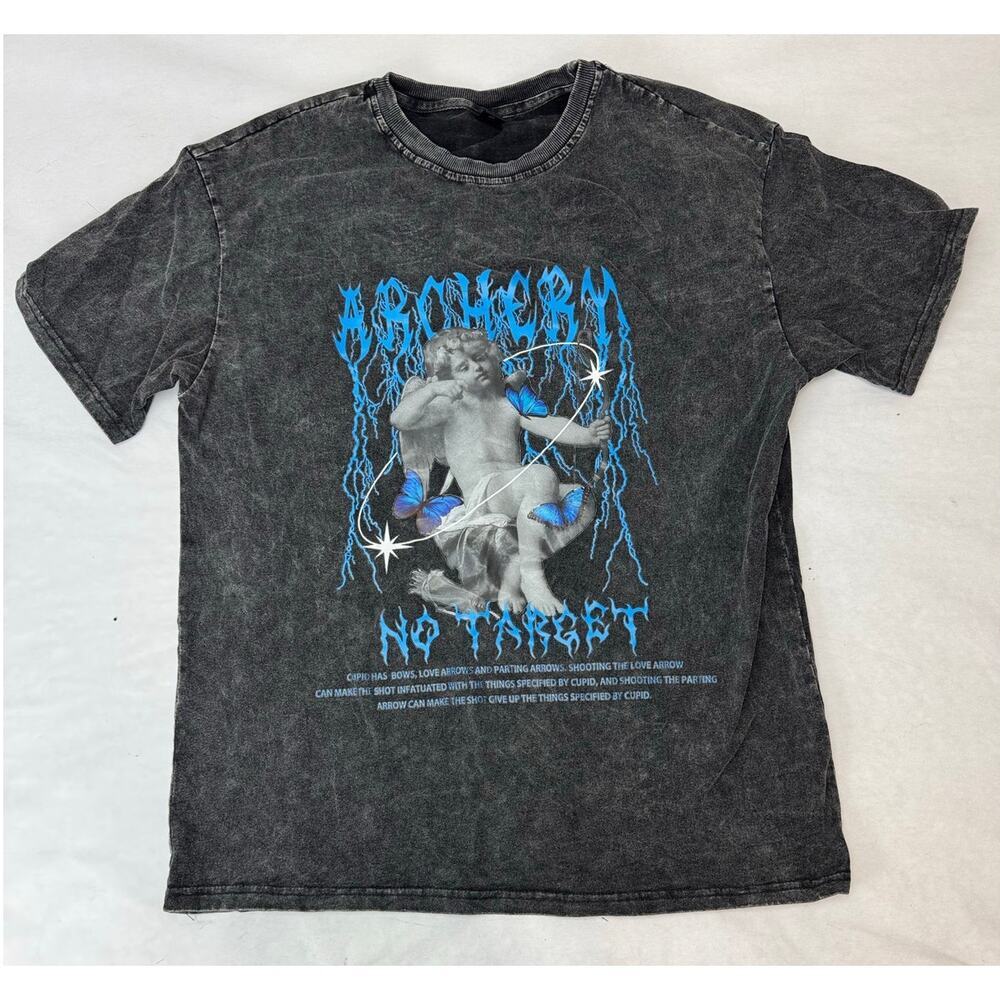 Washed Black Angel Cupid Graphic Tee Lightning Y2K Grunge Streetwear Medium
